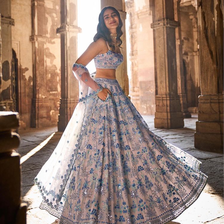 Sky and Grey Party Wear Designer Sequence Work Lehenga choli – ASHBHAV