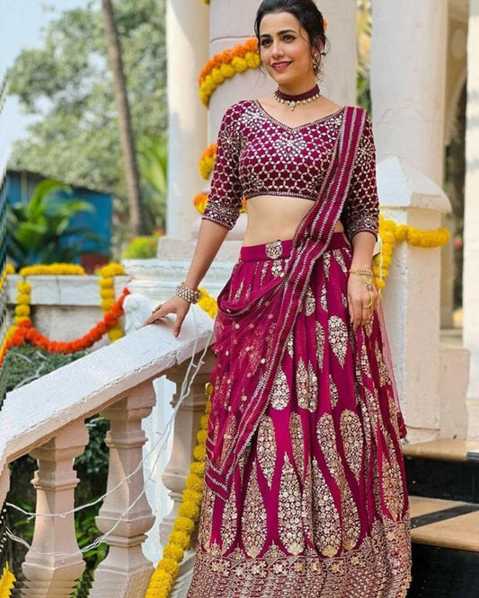 Cherry Red georgette golden zari lehenga choli