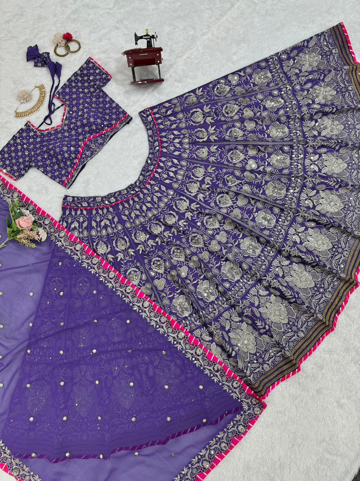 Embroidered Georgette Lehenga With Blouse And Dupatta
