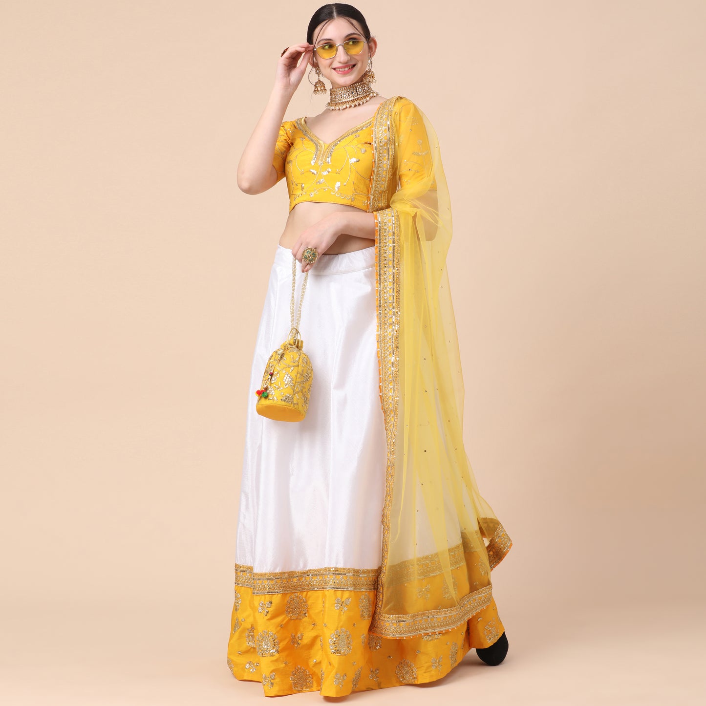 Yellow-White Party Wear Sequins Embroidered Satin Lehenga Choli