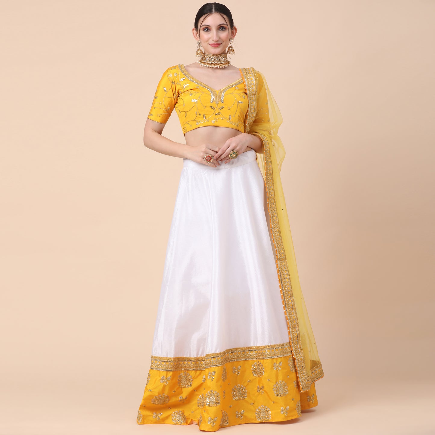 Yellow-White Party Wear Sequins Embroidered Satin Lehenga Choli