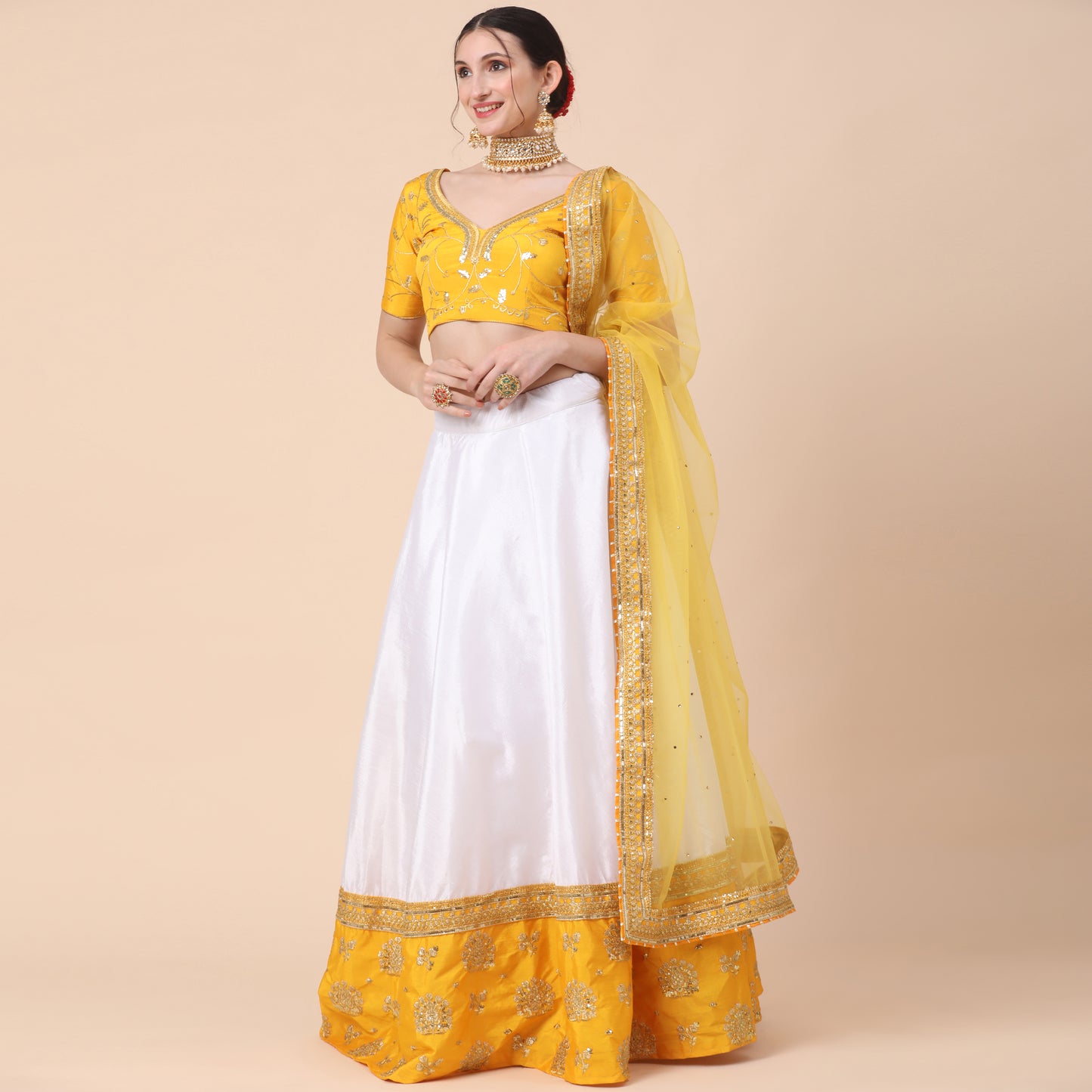 Yellow-White Party Wear Sequins Embroidered Satin Lehenga Choli