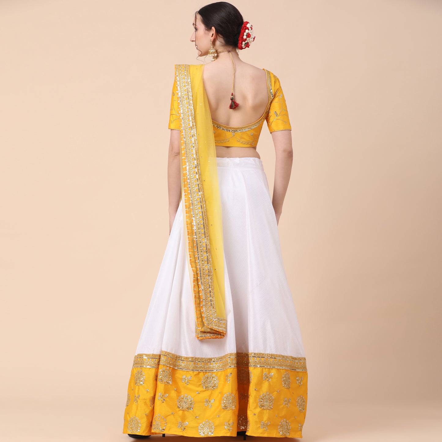 Yellow-White Party Wear Sequins Embroidered Satin Lehenga Choli