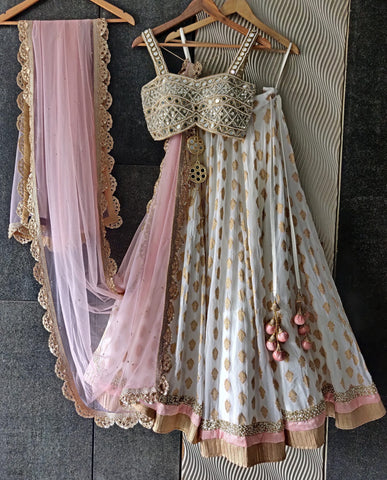 White Pink Banarasi Lehenga Choli For Women
