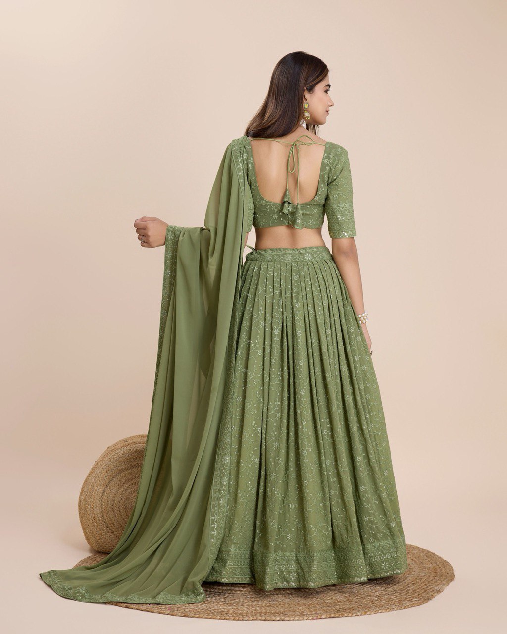 Mehendi Green Georgette Embroidered Sequins Lehenga With Choli And Dupatta Party Wear