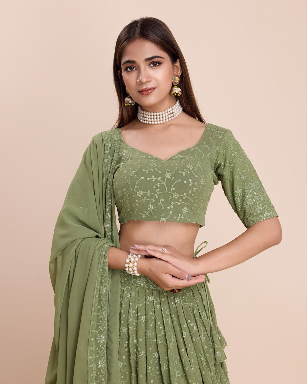 Mehendi Green Georgette Embroidered Sequins Lehenga With Choli And Dupatta Party Wear