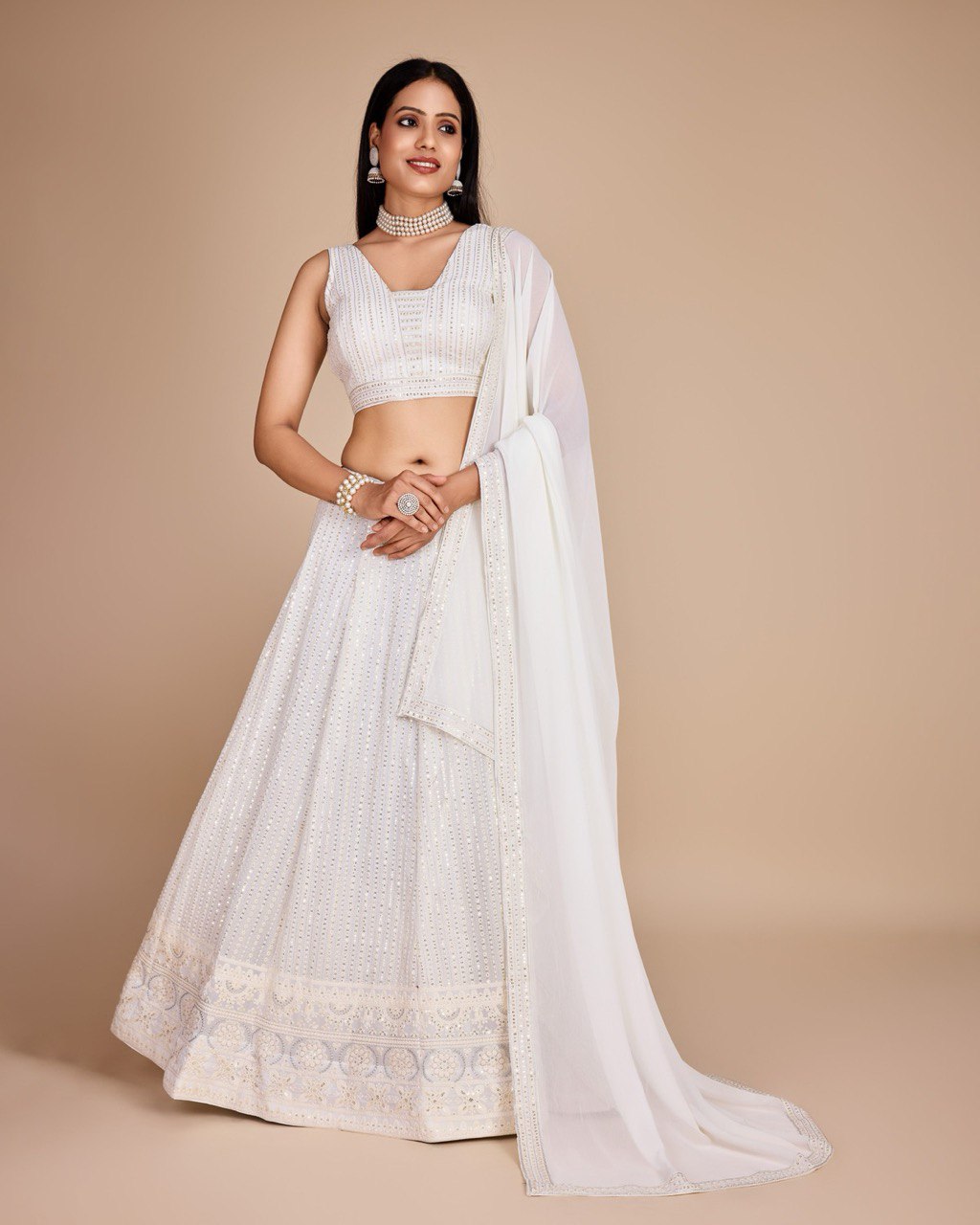 White Georgette Embroidered Sequins Lehenga With Choli And Dupatta Party Wear