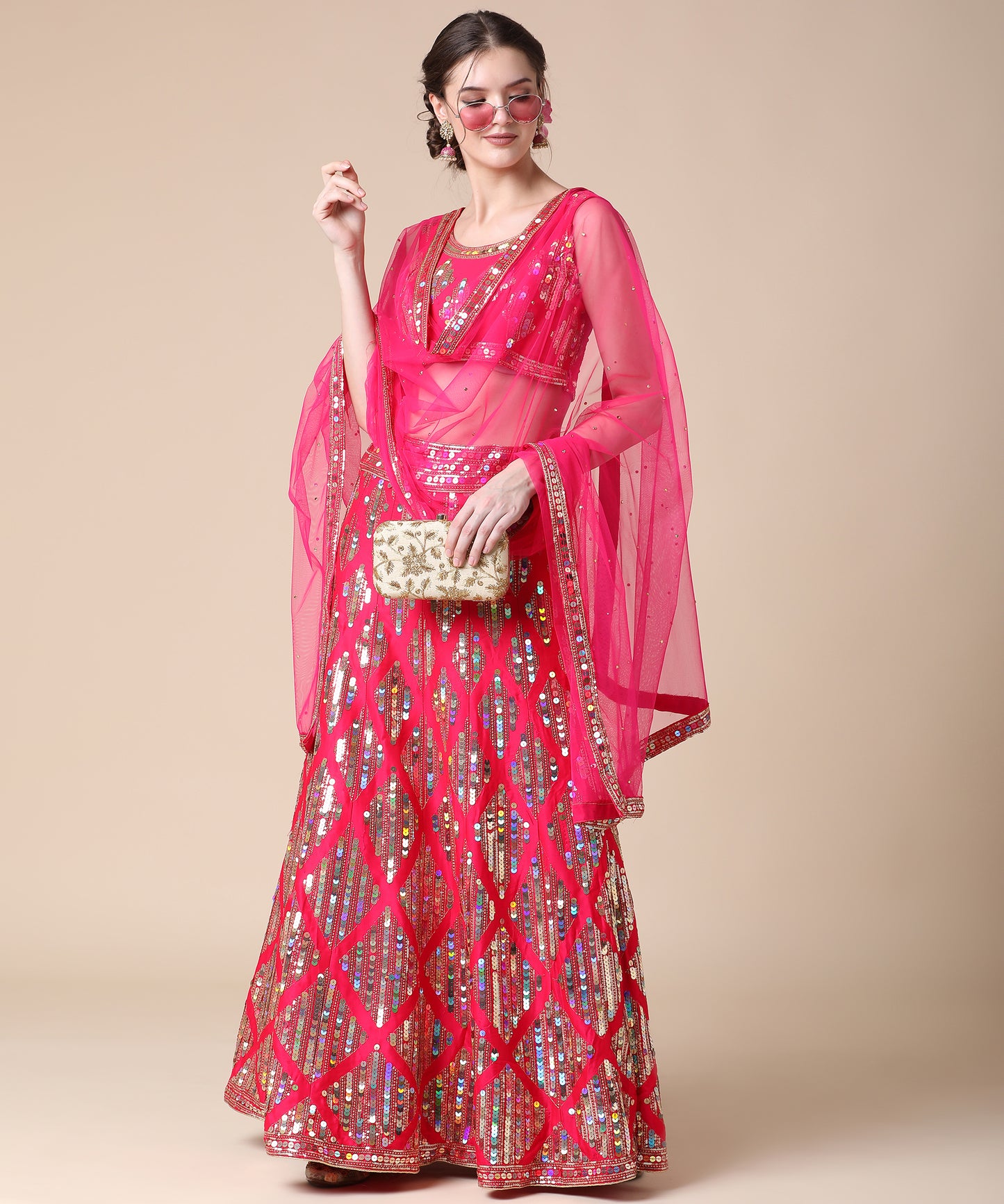 Rani Pink Embroidered Malai Satin Lehenga Choli for Parties