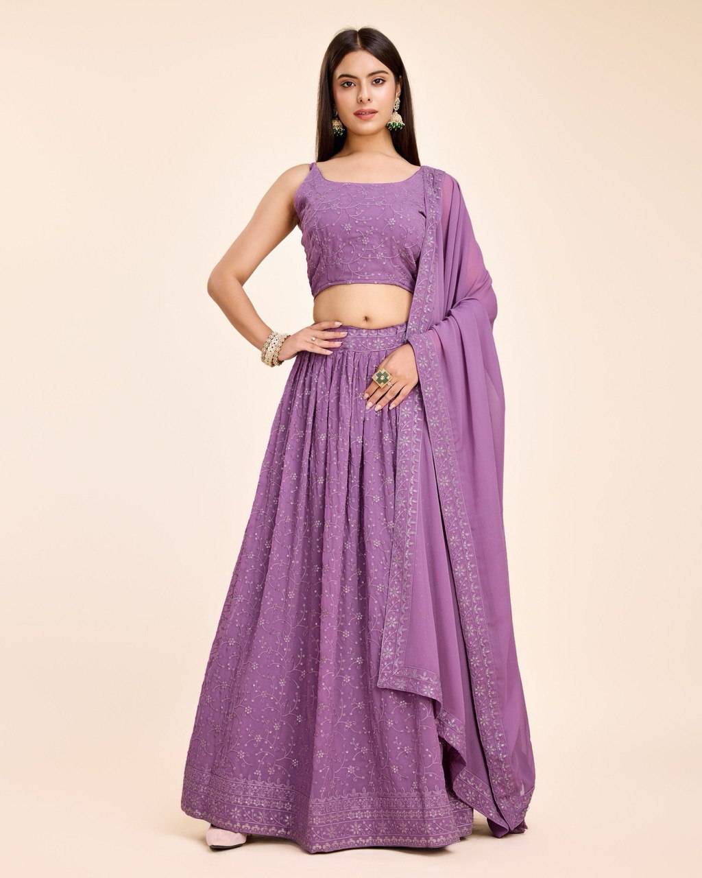 Lehenga With Choli And Dupatta In Lavender Georgette Embroidered Sequins Party Wear