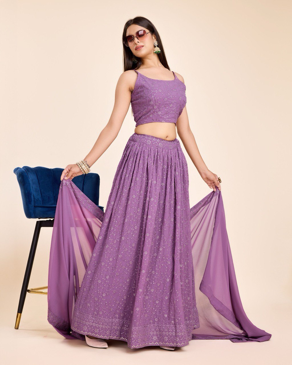 Lehenga With Choli And Dupatta In Lavender Georgette Embroidered Sequins Party Wear