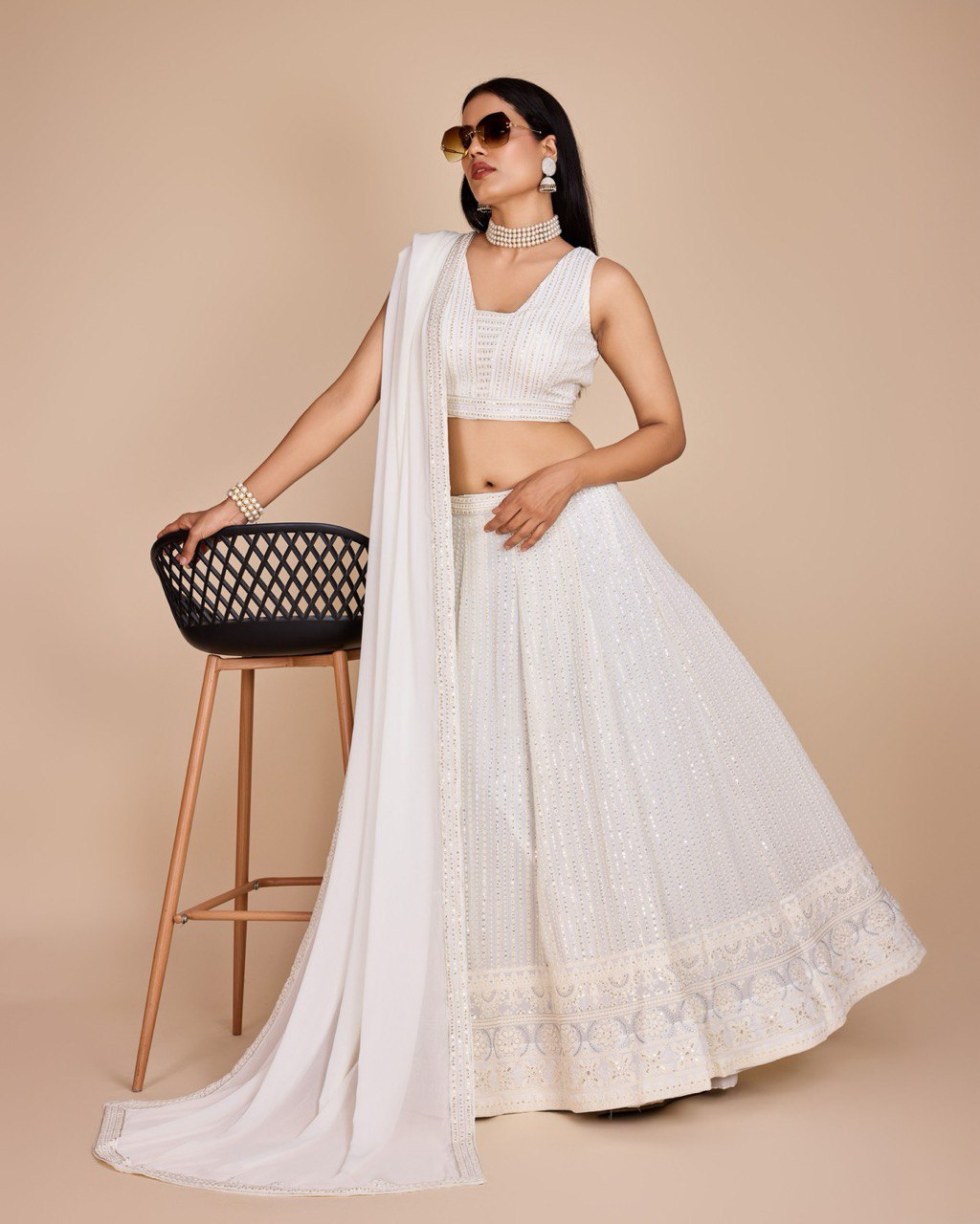 White Georgette Embroidered Sequins Lehenga With Choli And Dupatta Party Wear