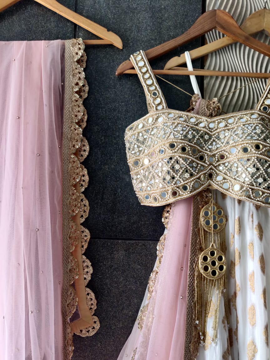 White Pink Banarasi Lehenga Choli For Women