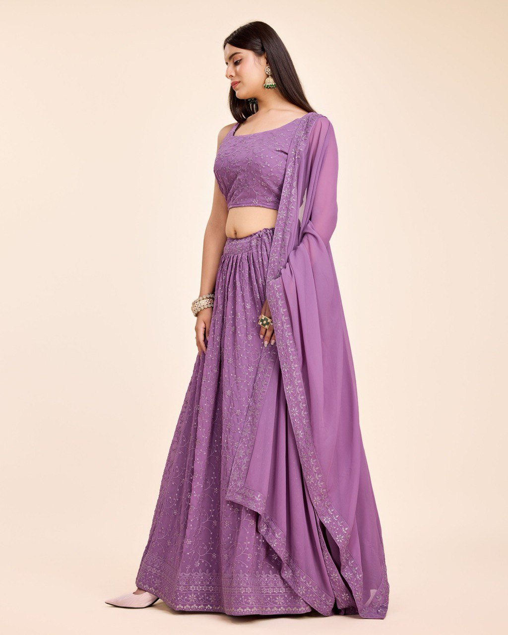 Lehenga With Choli And Dupatta In Lavender Georgette Embroidered Sequins Party Wear