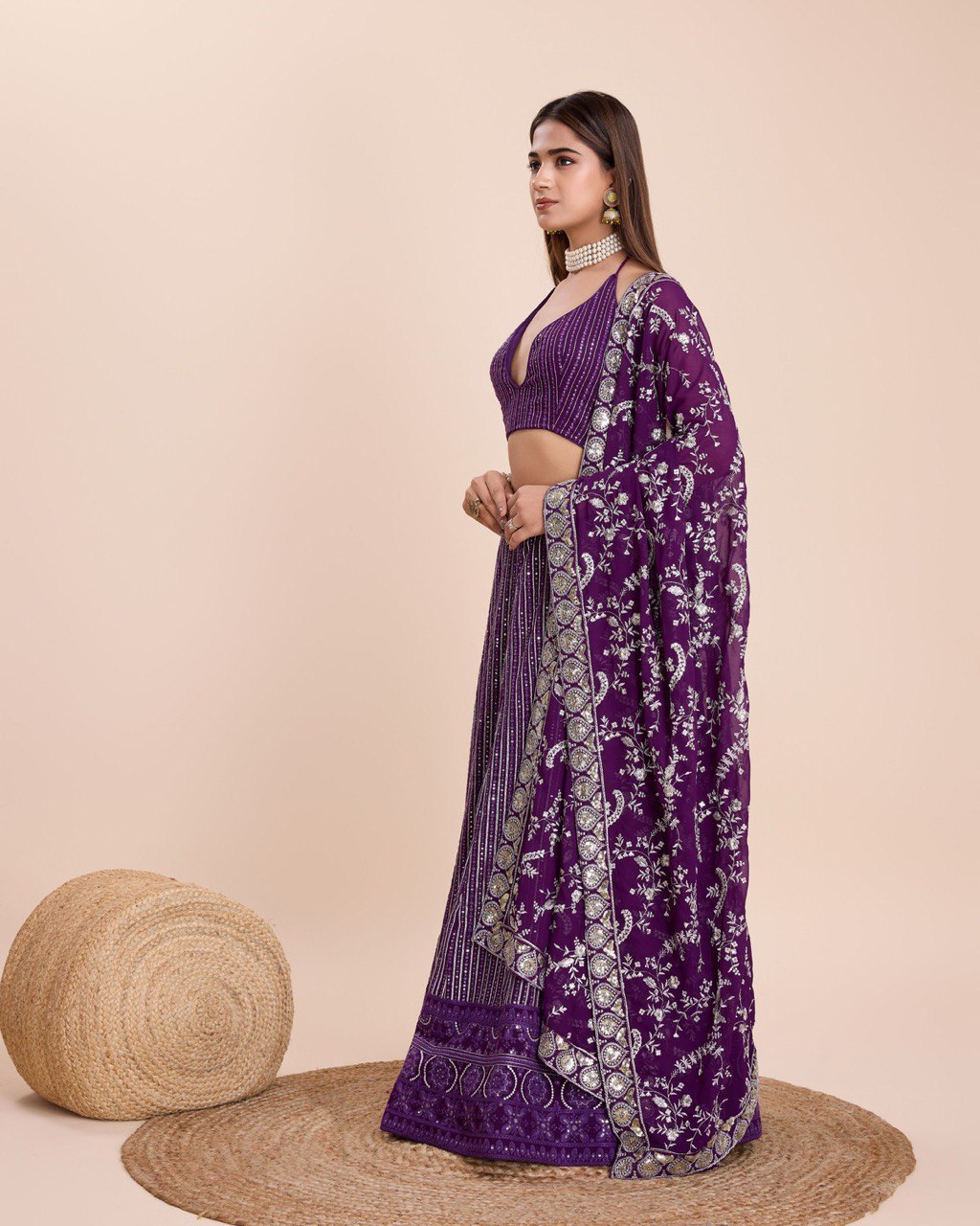 Wine Georgette Wedding A Line Lehenga Embroidered And Sequins Party Wear