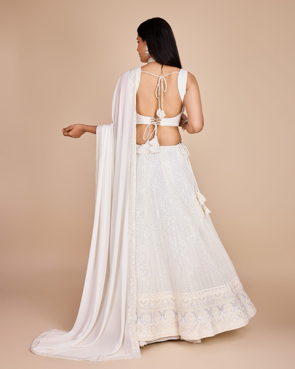 White Georgette Embroidered Sequins Lehenga With Choli And Dupatta Party Wear