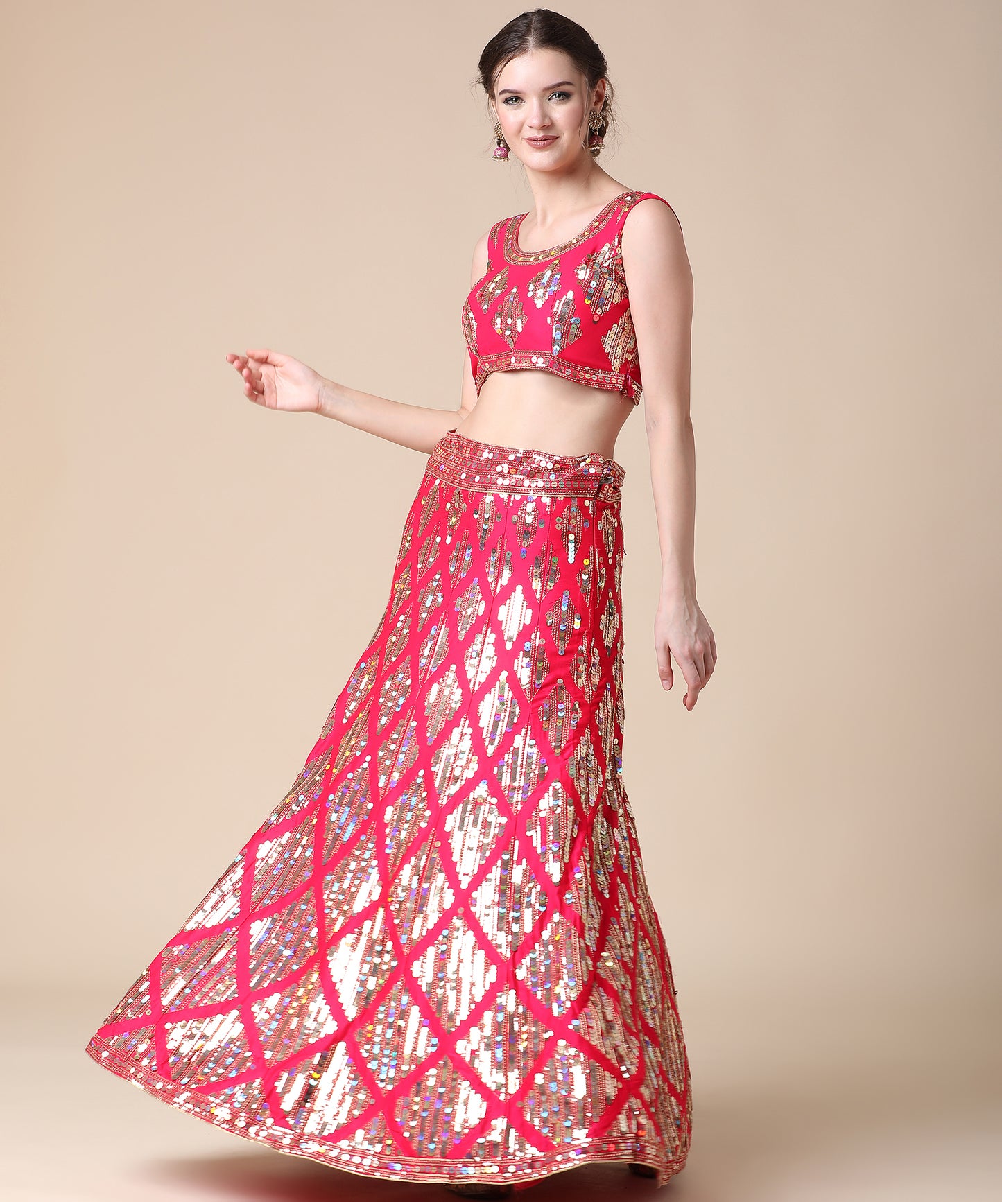 Rani Pink Embroidered Malai Satin Lehenga Choli for Parties