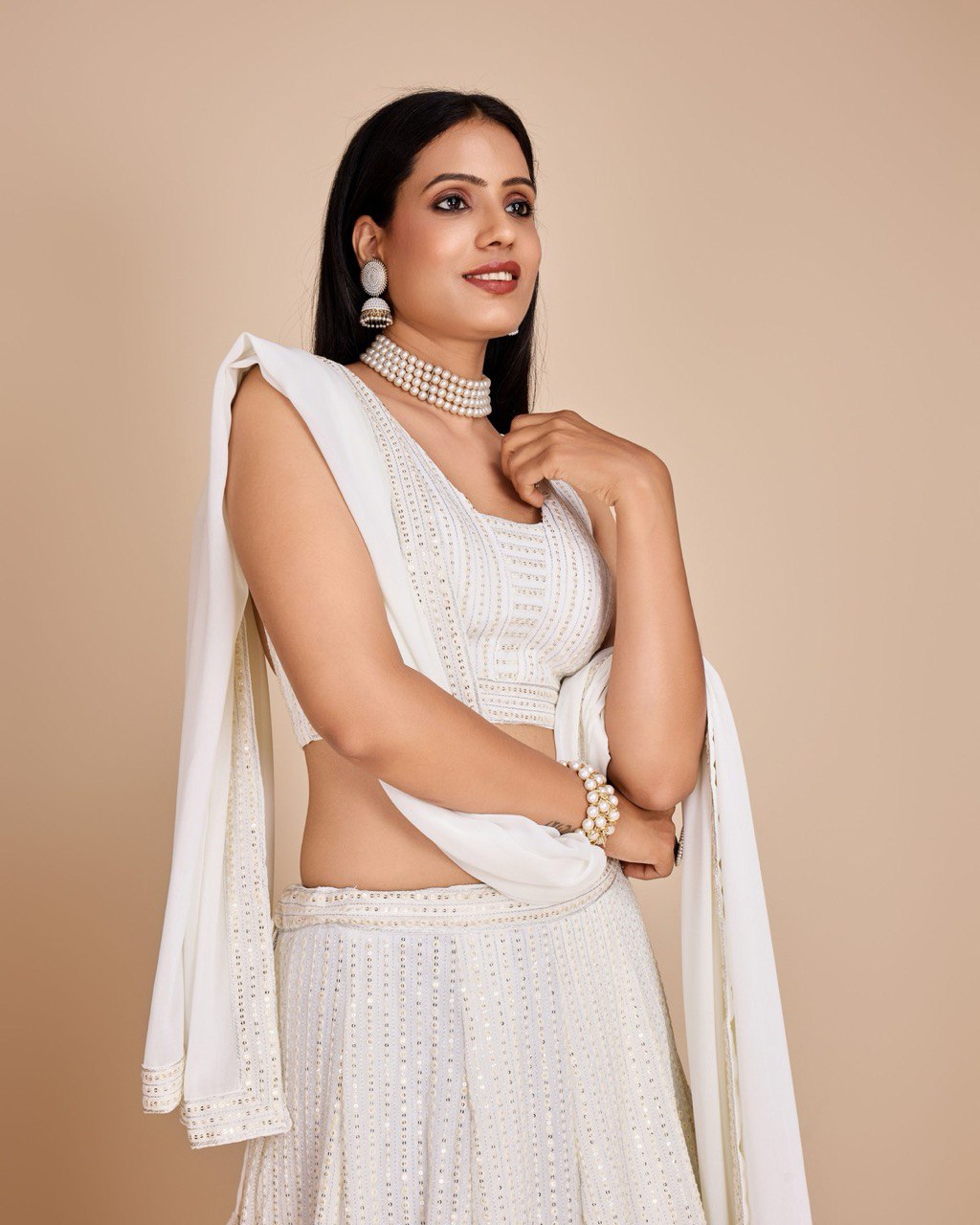 White Georgette Embroidered Sequins Lehenga With Choli And Dupatta Party Wear