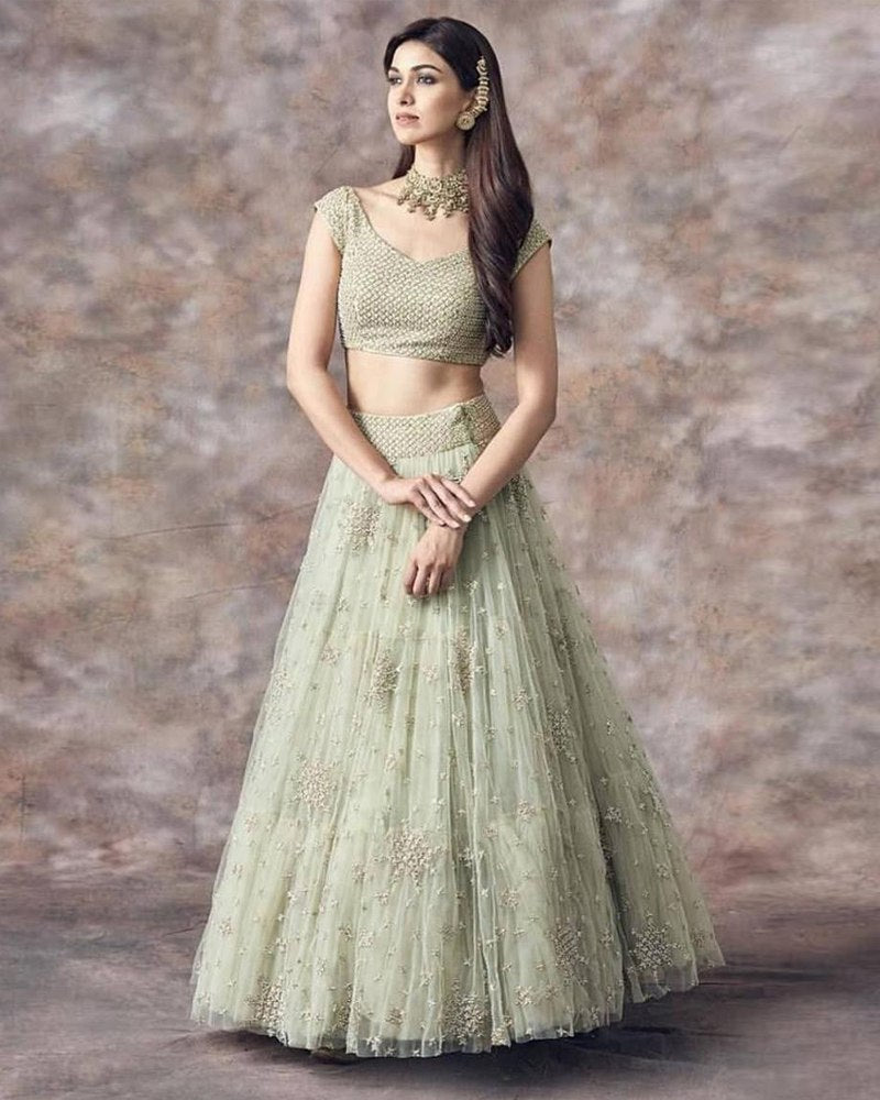 buy-reception-style- bollywood-style-green-soft-net-lehenga