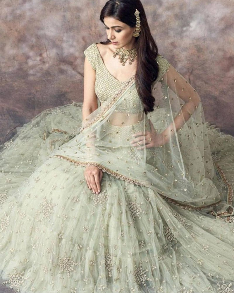 buy-reception-style- bollywood-style-green-soft-net-lehenga