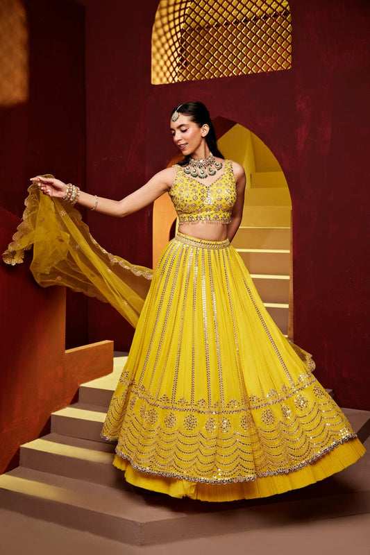 MULMUL-GEORGETTE-MORNI-YELLOW-HALDI-LEHENGA