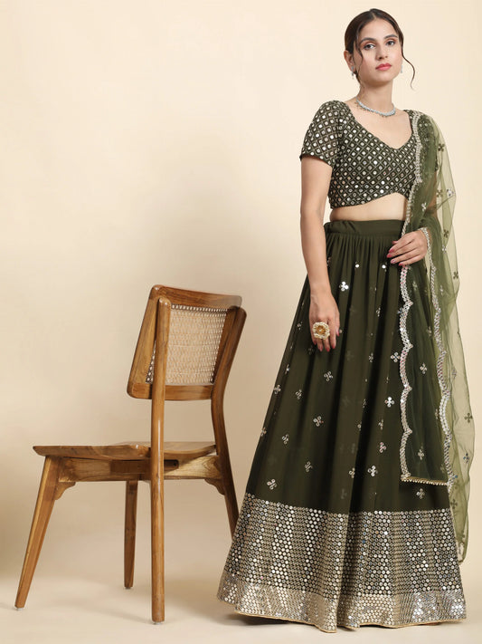 Embellished Thread Work Semi-Stitched Lehenga & Blouse With Dupatta