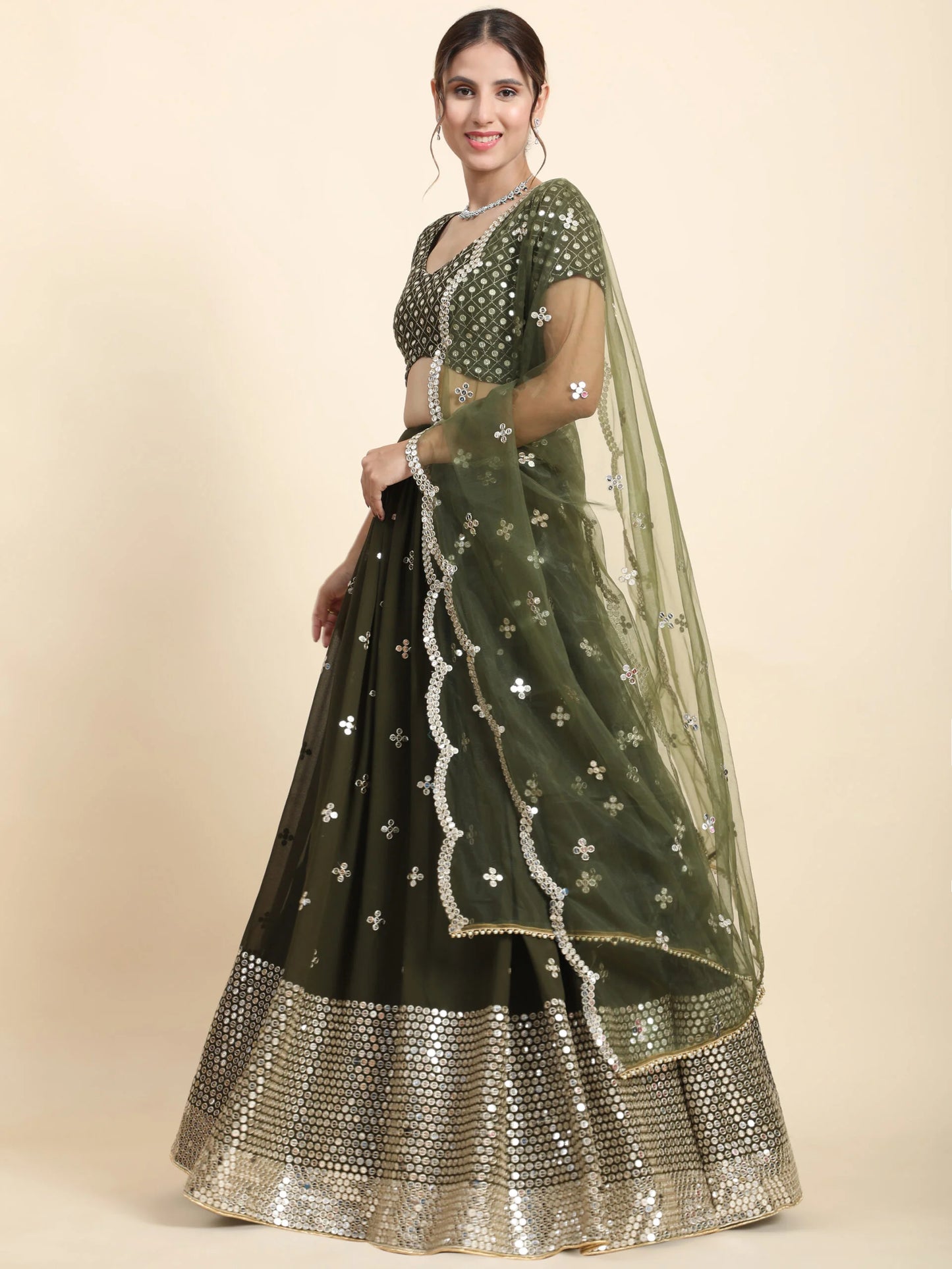 Embellished Thread Work Semi-Stitched Lehenga & Blouse With Dupatta