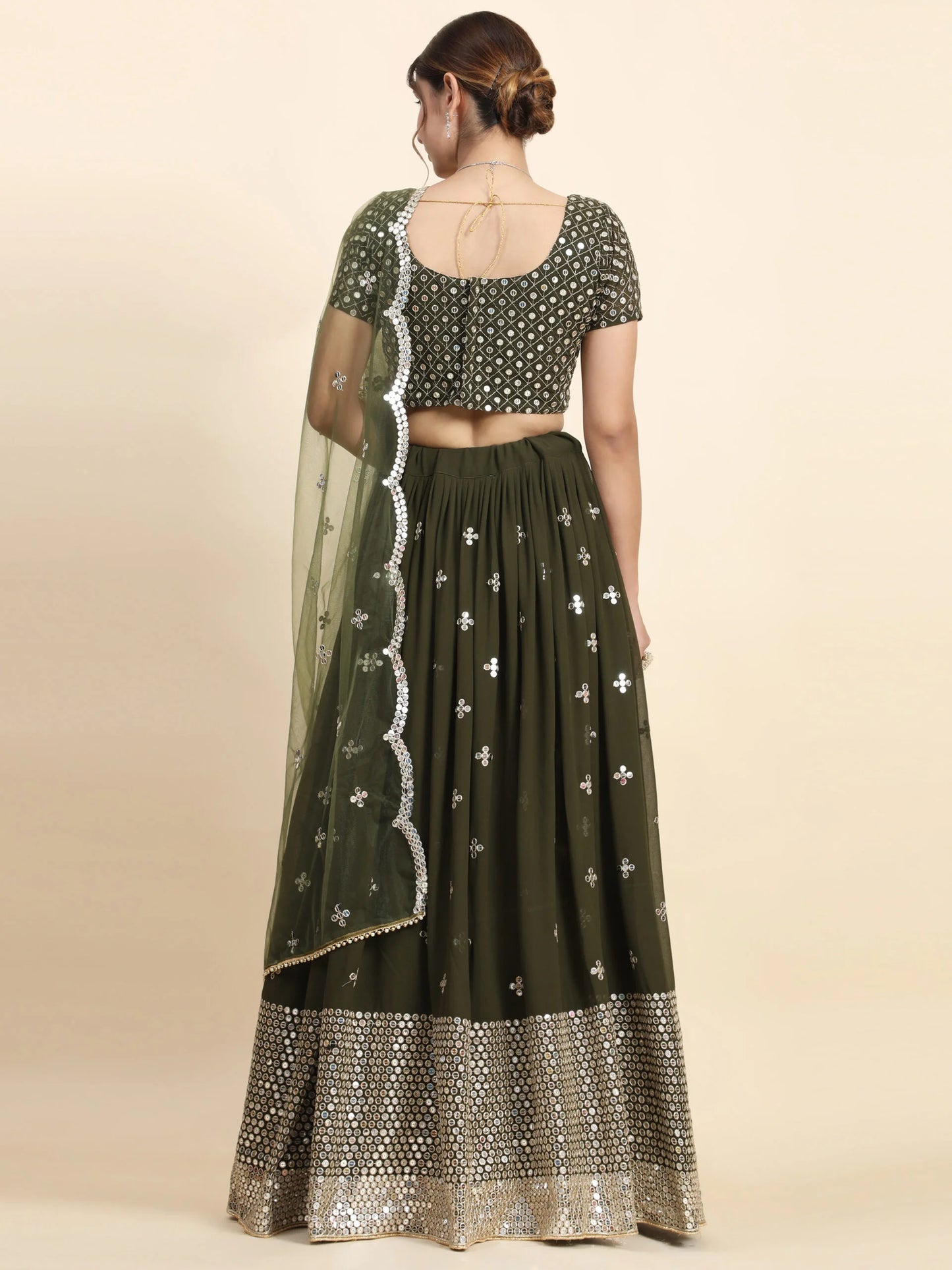 Embellished Thread Work Semi-Stitched Lehenga & Blouse With Dupatta