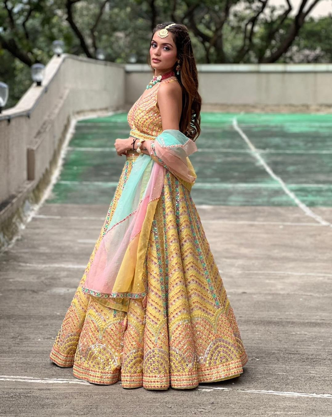 : YELLOW COLOR WITH MULTI COLOR THREAD EMBROIDERY WORK LEHENGACHOLI