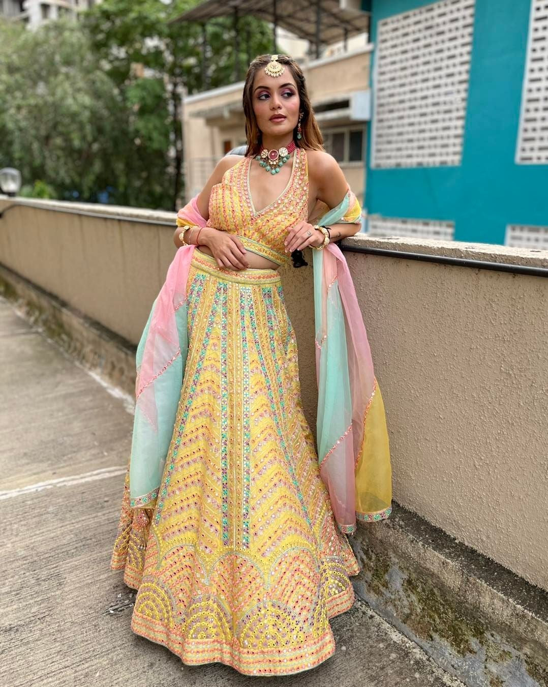 : YELLOW COLOR WITH MULTI COLOR THREAD EMBROIDERY WORK LEHENGACHOLI