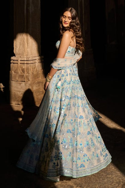 Sky and Grey Party Wear Designer Sequence Work Lehenga choli