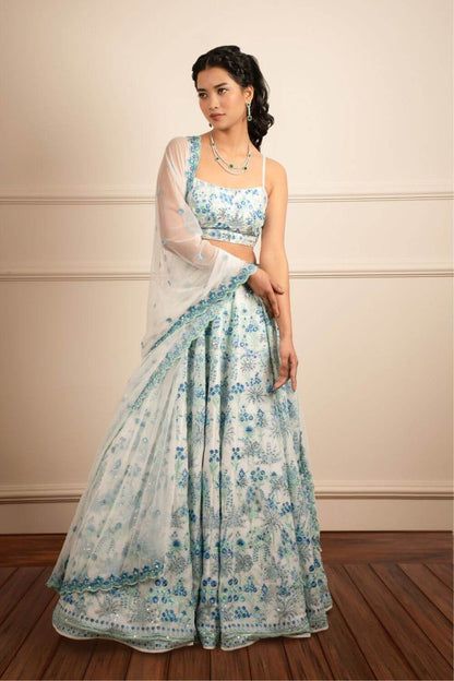 Sky and Grey Party Wear Designer Sequence Work Lehenga choli