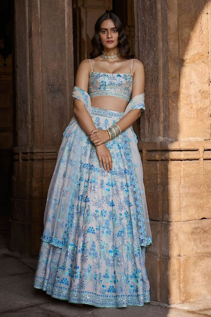 Sky and Grey Party Wear Designer Sequence Work Lehenga choli