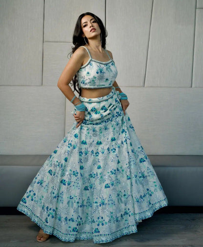 Sky and Grey Party Wear Designer Sequence Work Lehenga choli