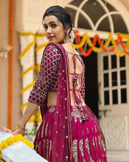 Cherry Red georgette golden zari lehenga choli