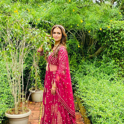 Cherry Red georgette golden zari lehenga choli