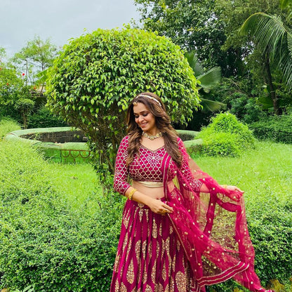 Cherry Red georgette golden zari lehenga choli