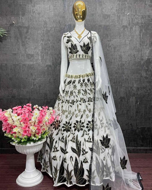 Black Thread & Sequin Embroidered Faux Georgette Lehenga Choli Dupatta Set