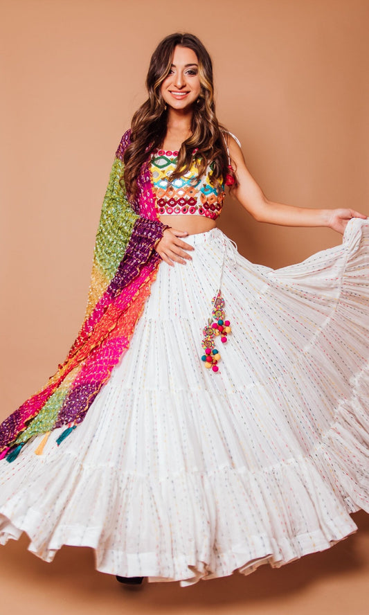 Exquisite Georgette White Lehenga Choli Set with Multicolored Embroidery and Digital Print Dupatta