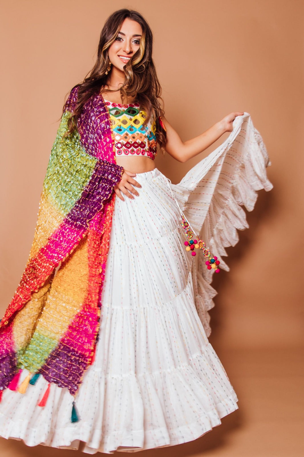 Exquisite Georgette White Lehenga Choli Set with Multicolored Embroidery and Digital Print Dupatta