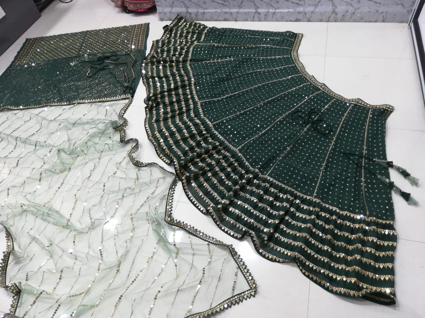 Green Sequin Embroidered Faux Georgette Lehenga