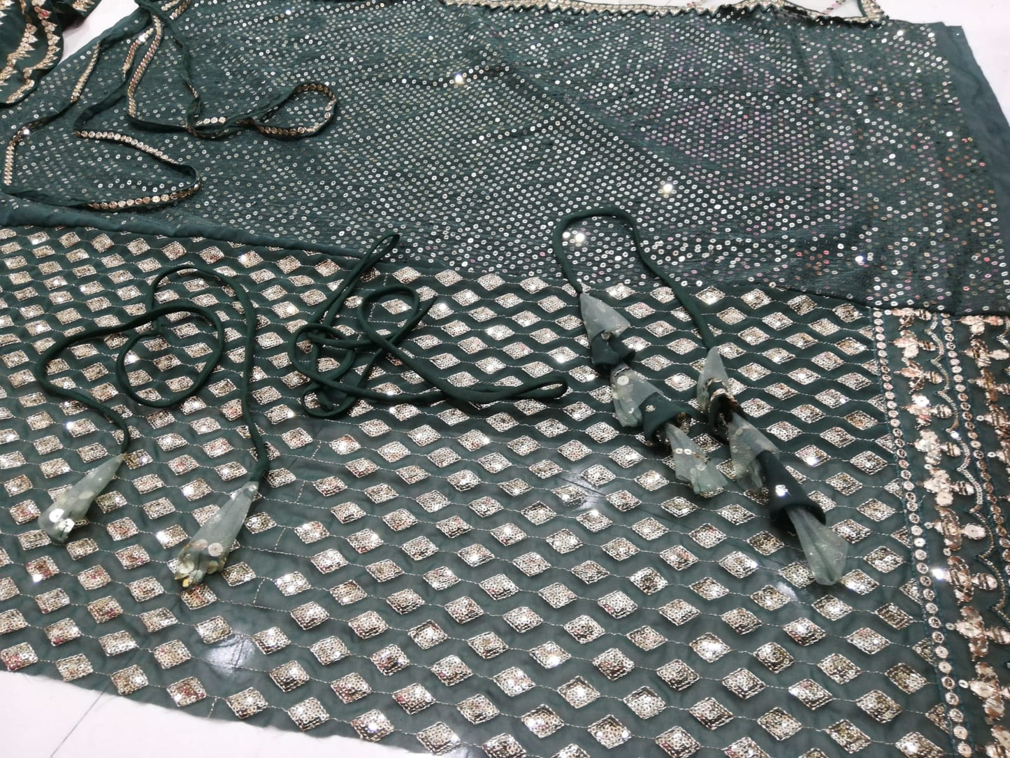 Green Sequin Embroidered Faux Georgette Lehenga