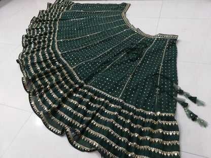 Green Sequin Embroidered Faux Georgette Lehenga