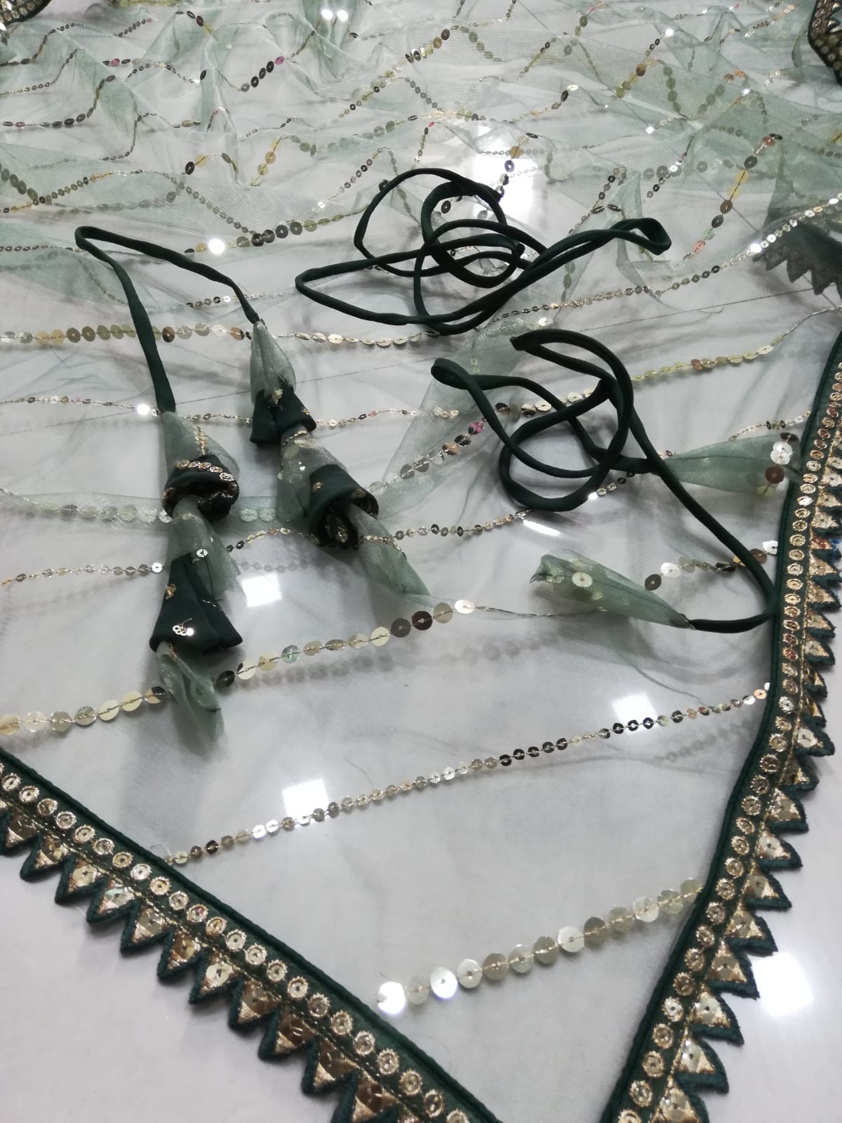 Green Sequin Embroidered Faux Georgette Lehenga