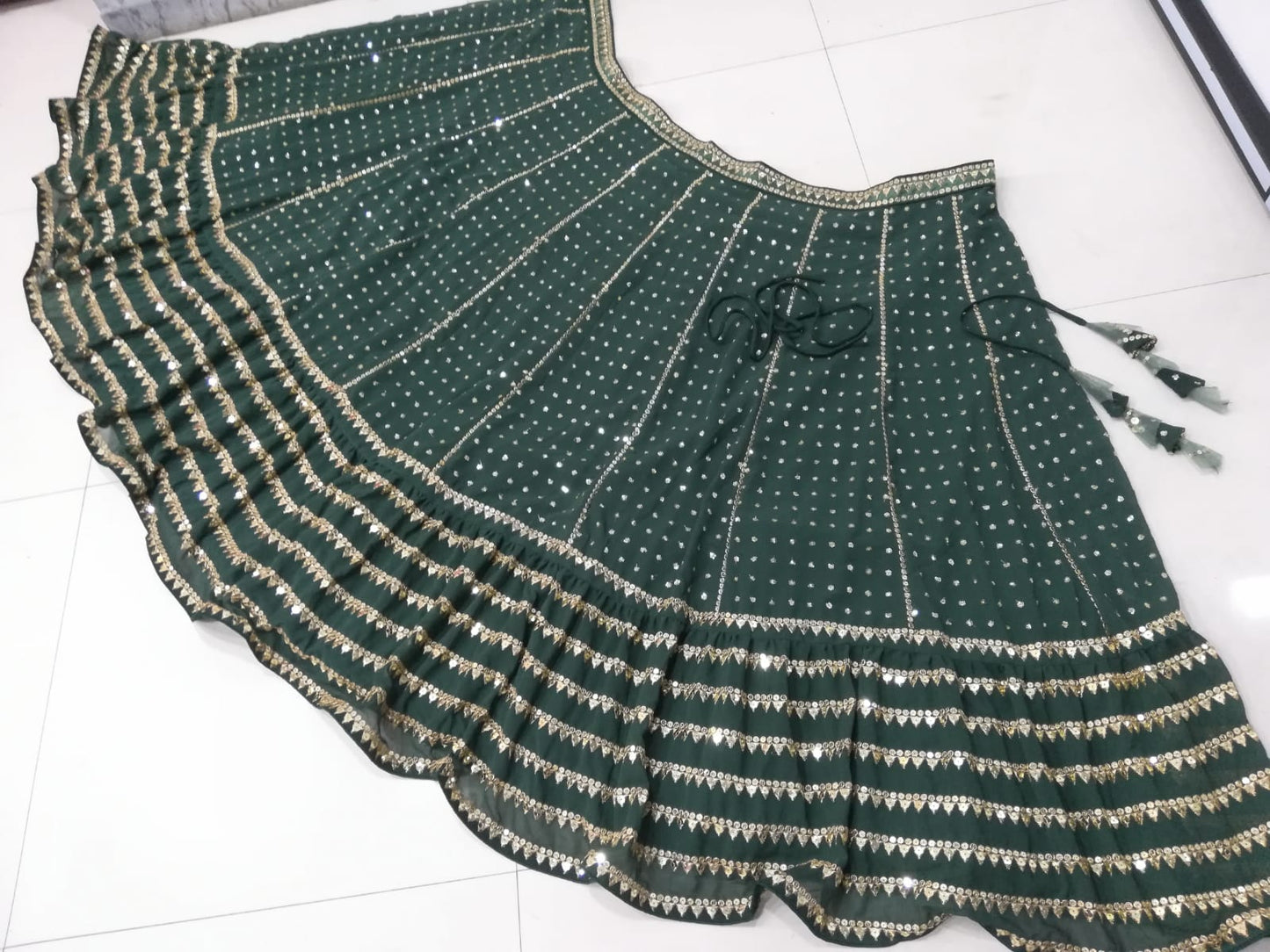 Green Sequin Embroidered Faux Georgette Lehenga