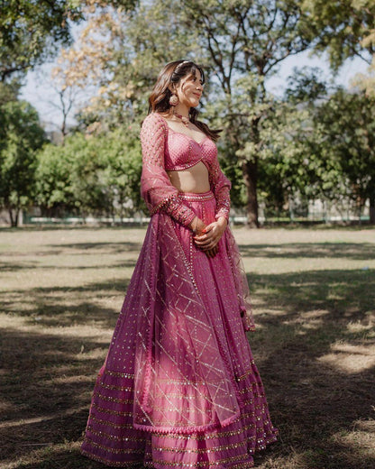 Buy Women Pink Sequin Embroidered Faux Georgette Lehenga