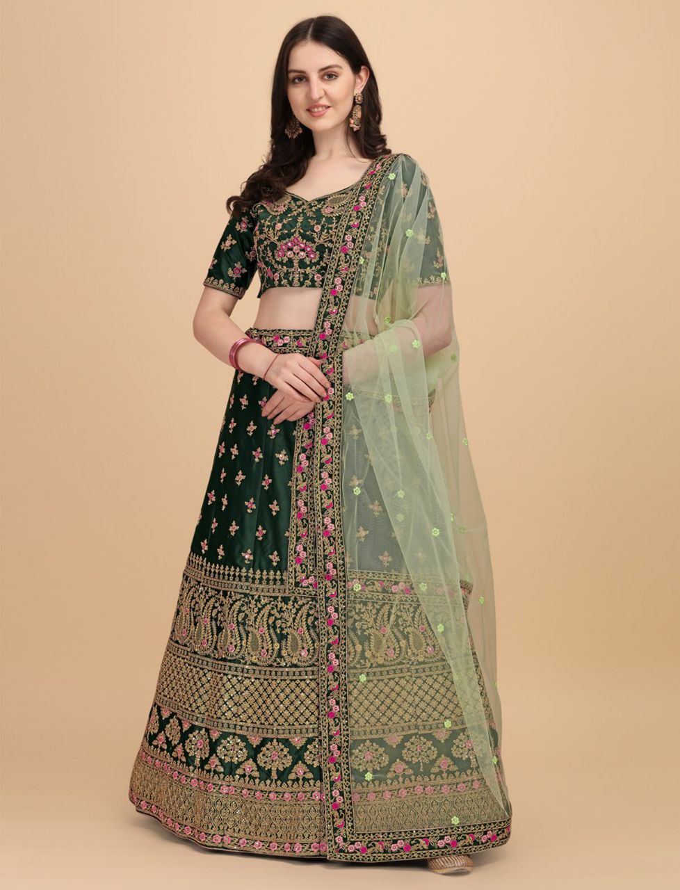 Green Satin Embroidered Elegant Lehenga Wedding Wear