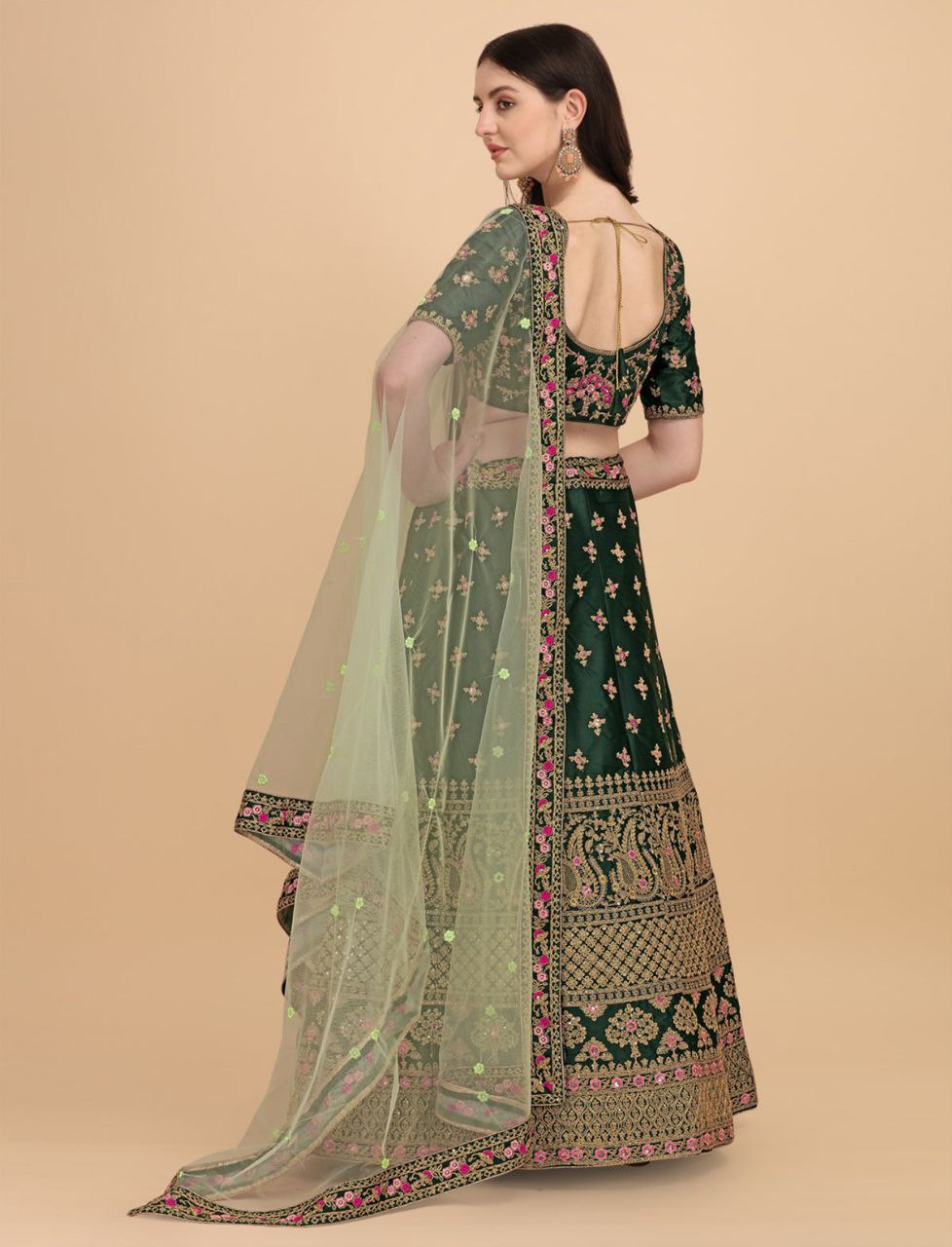 Green Satin Embroidered Elegant Lehenga Wedding Wear