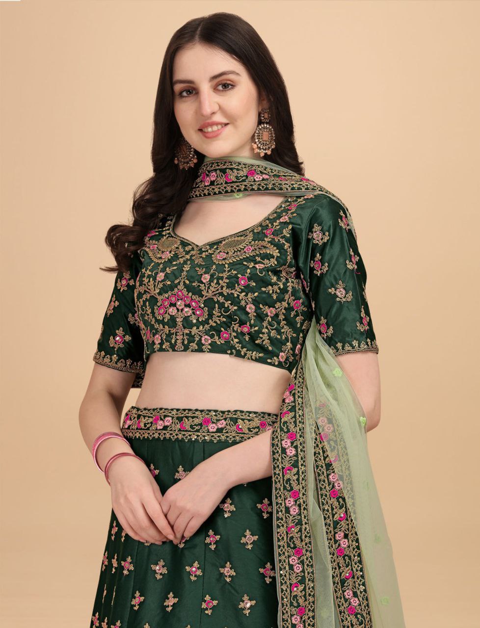 Green Satin Embroidered Elegant Lehenga Wedding Wear