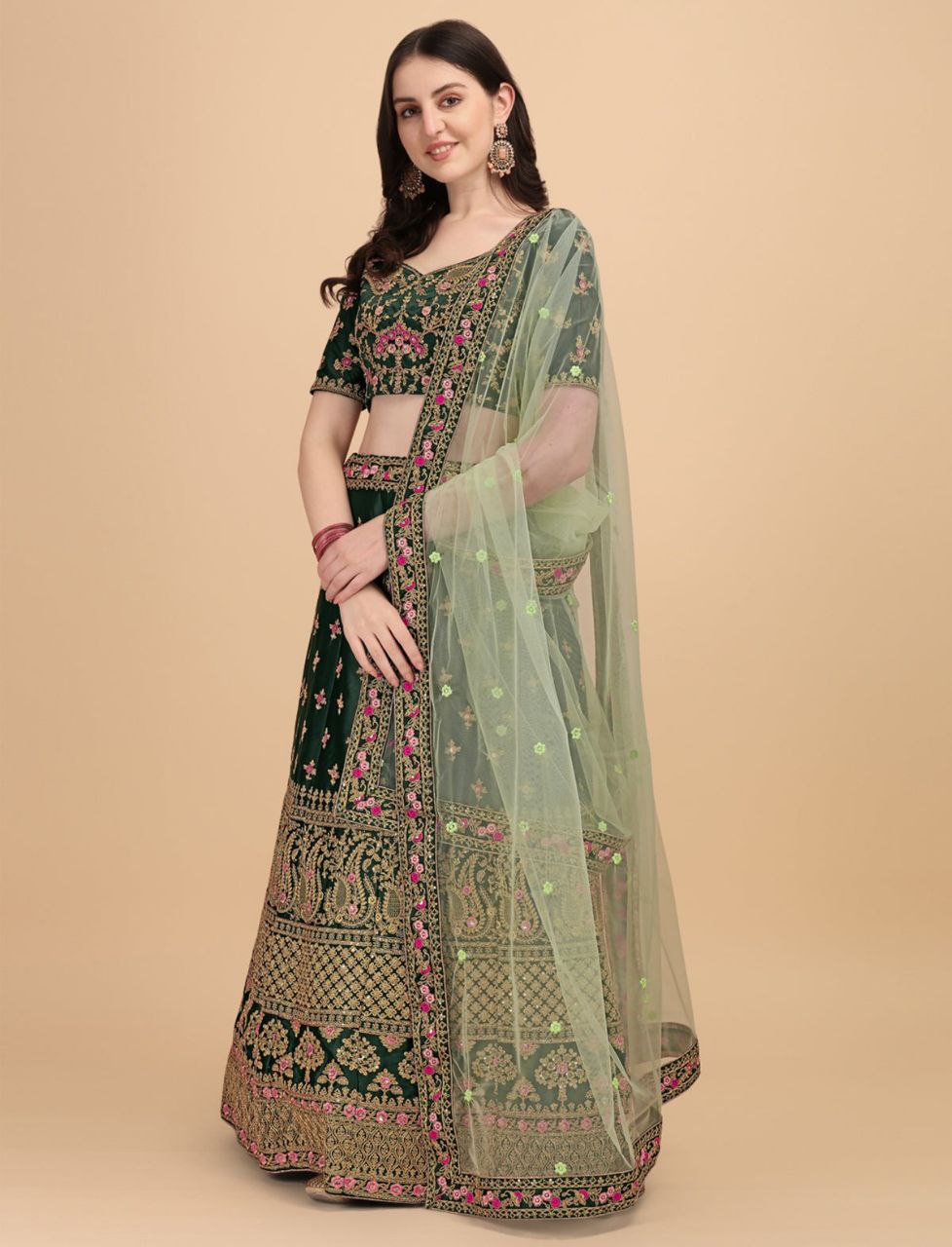 Green Satin Embroidered Elegant Lehenga Wedding Wear