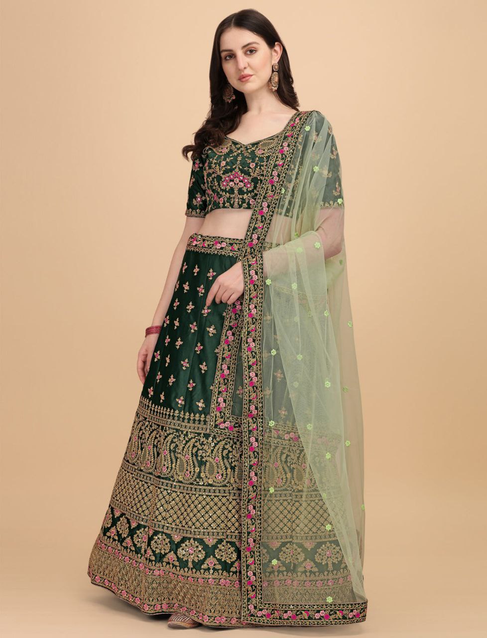 Green Satin Embroidered Elegant Lehenga Wedding Wear